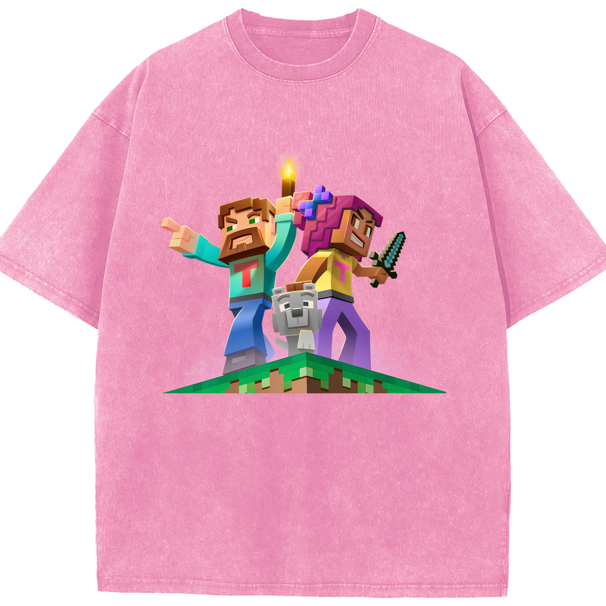（画像用） マインクラフト ブロックの世界 Minecraft MC Block world 綿100% ヴィンテージ風 半袖Tシャツ（フロントプリント）